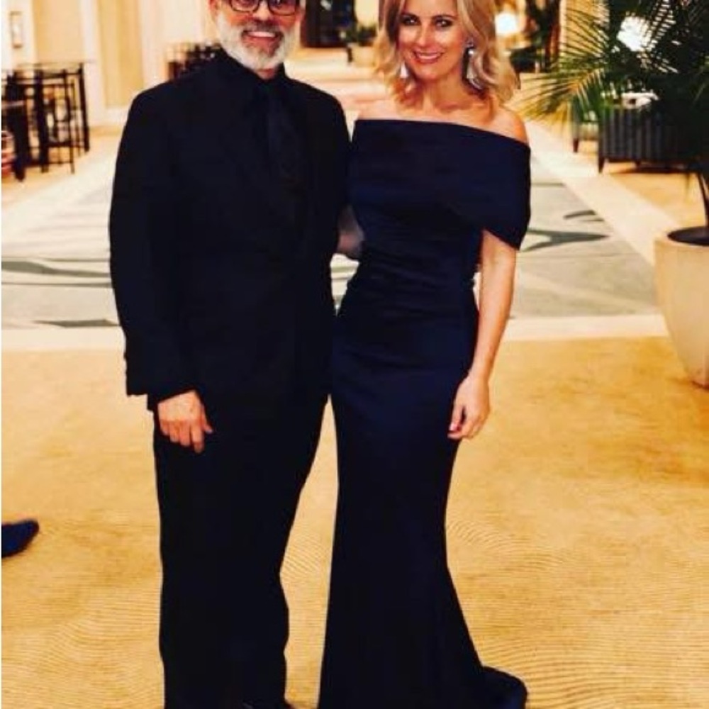 Vince Camuto Blue Ruched Off-Shoulder Cocktail Gown